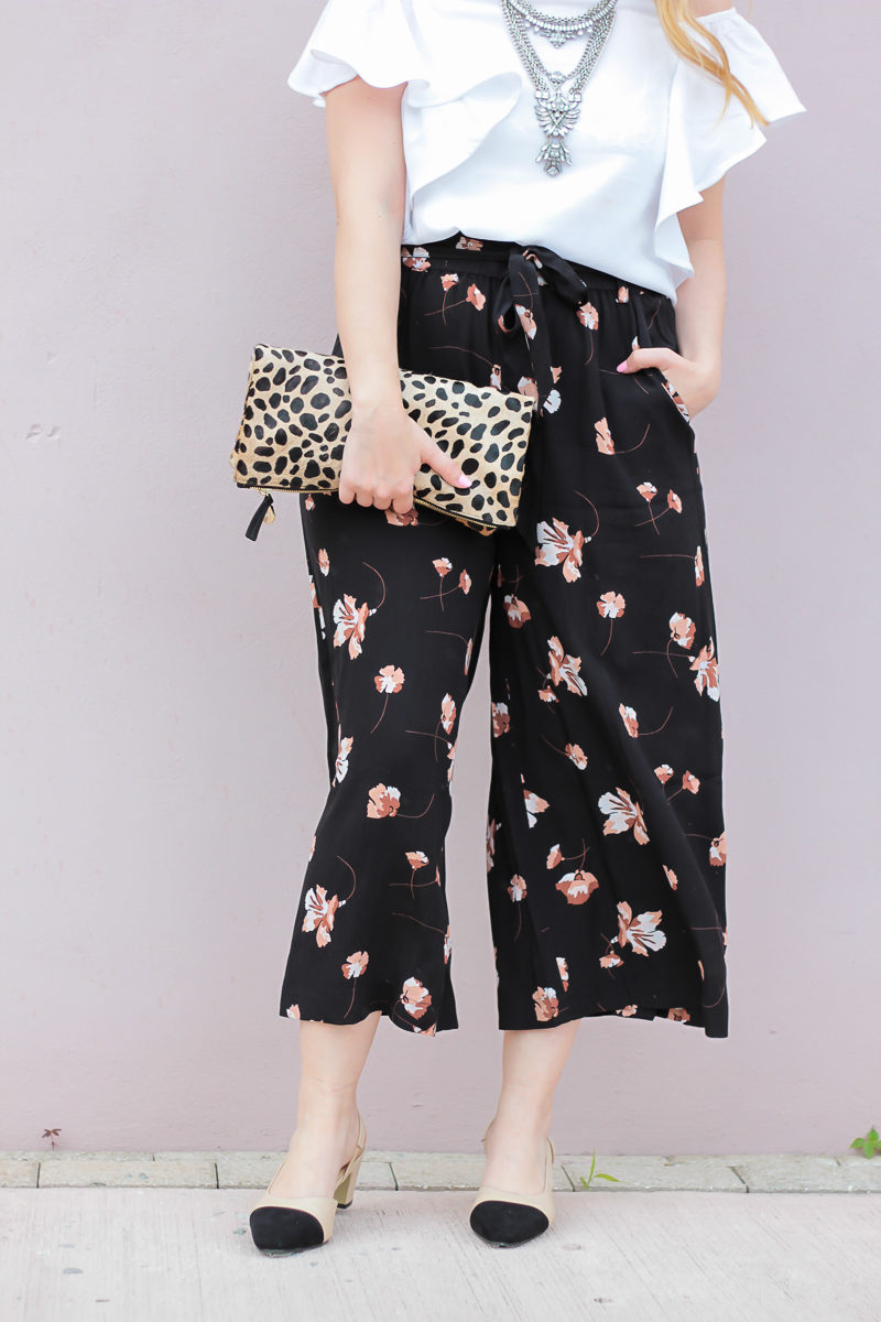 Miami fashion blogger Stephanie Pernas wearing floral culottes and a leopard clutch