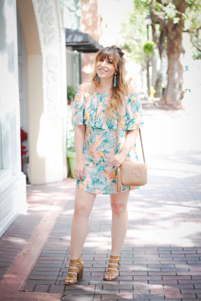 Miami fashion blogger Stephanie Pernas styles a Forever 21 off the shoulder pink palm print dress for a cute outfit idea for spring break