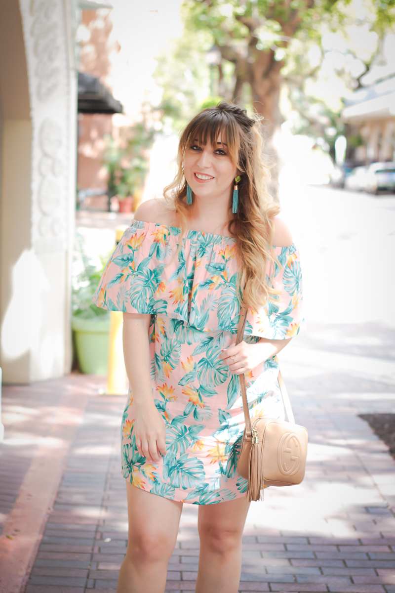 Off the shoulder pink palm print dress