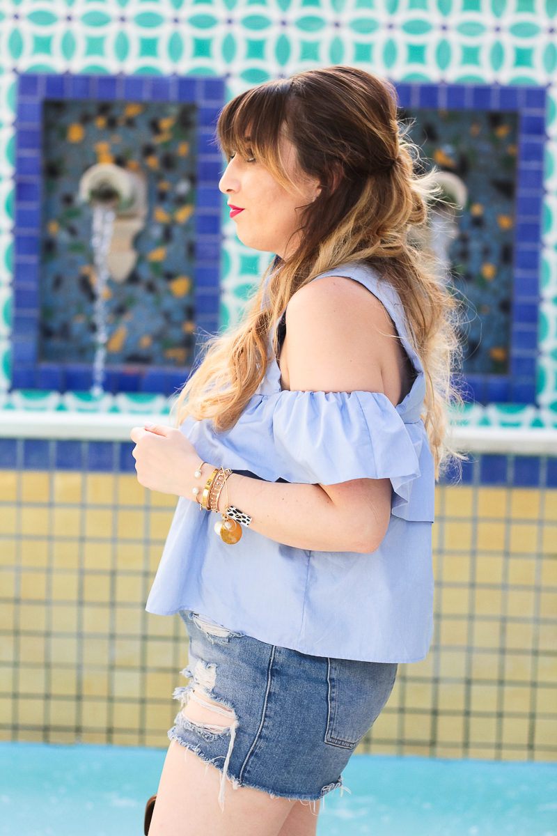 Miami fashion blogger Stephanie Pernas styles a cold shoulder top with Baublebar Ishigaki earrings