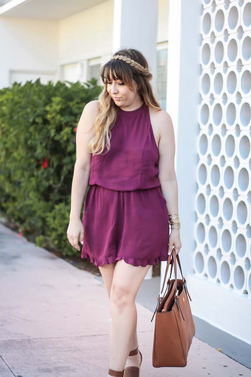 Miami fashion blogger Stephanie Pernas wearing a purple romper 