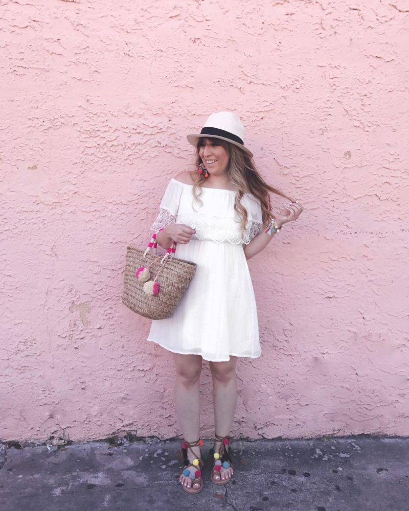 Miami fashion blogger Stephanie Pernas wearing a white off the shoulder dress