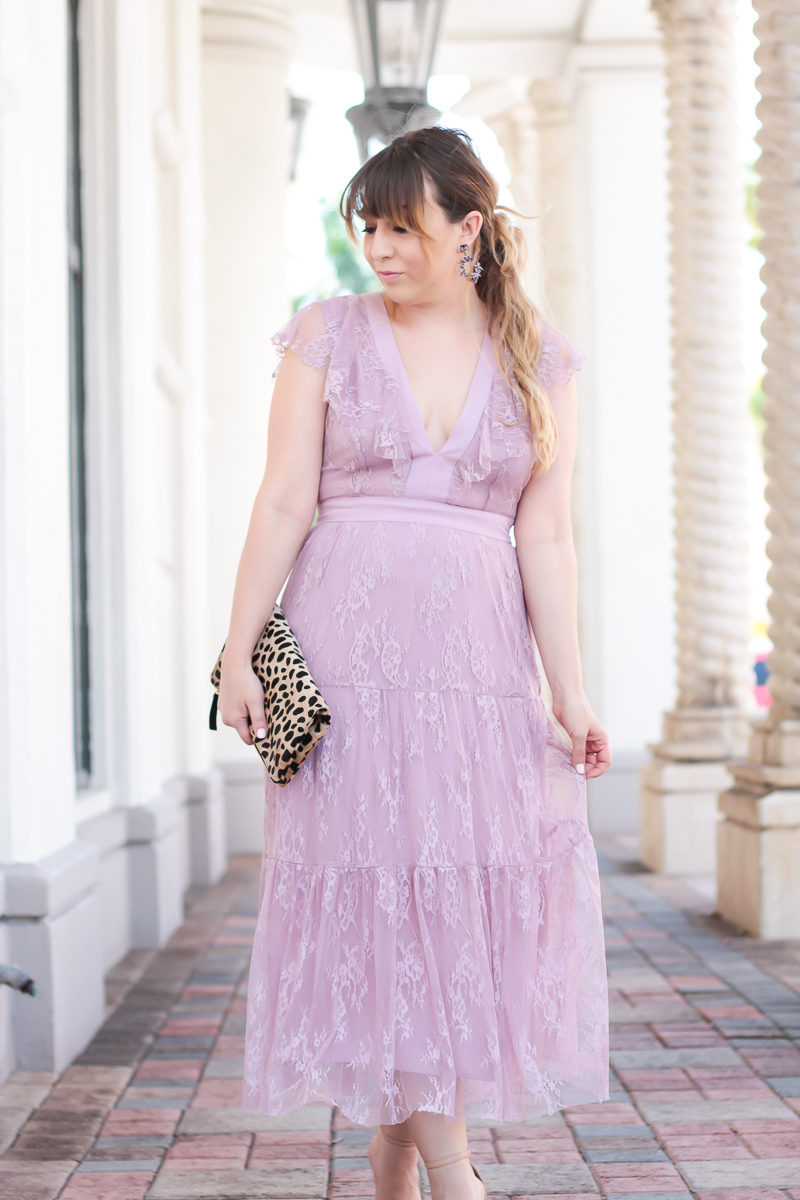 Miami fashion blogger Stephanie Pernas styles a lilac lace midi dress for a cute Easter outfit idea 