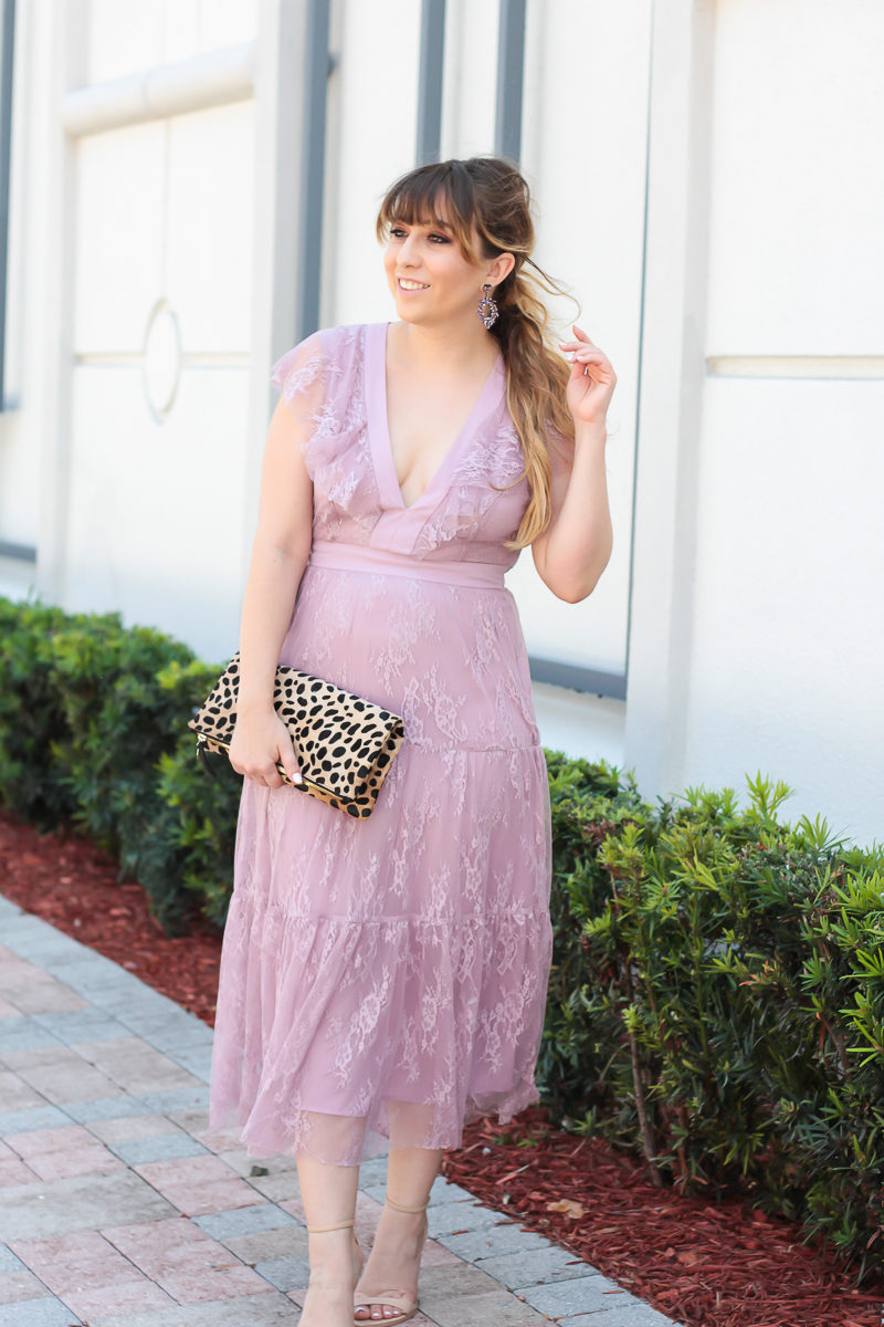 Miami fashion blogger Stephanie Pernas wearing a lilac lace dress, perfect for Easter. 