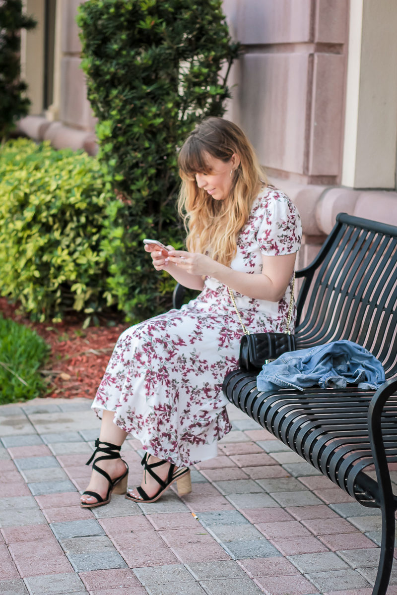 Miami fashion blogger Stephanie Pernas styles the Wayf blouson midi dress with a jean jacket 