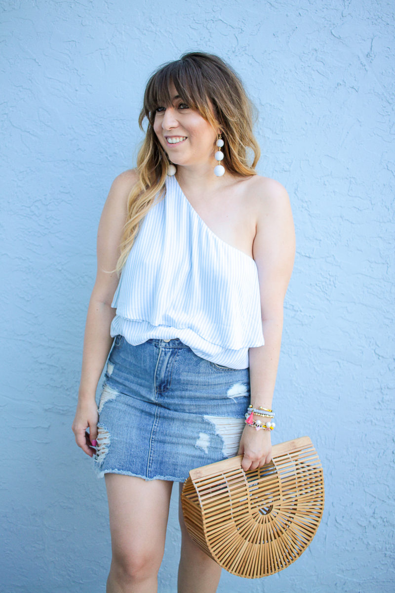 South Florida fashion blogger Stephanie Pernas wearing a BP one shoulder top and denim skirt