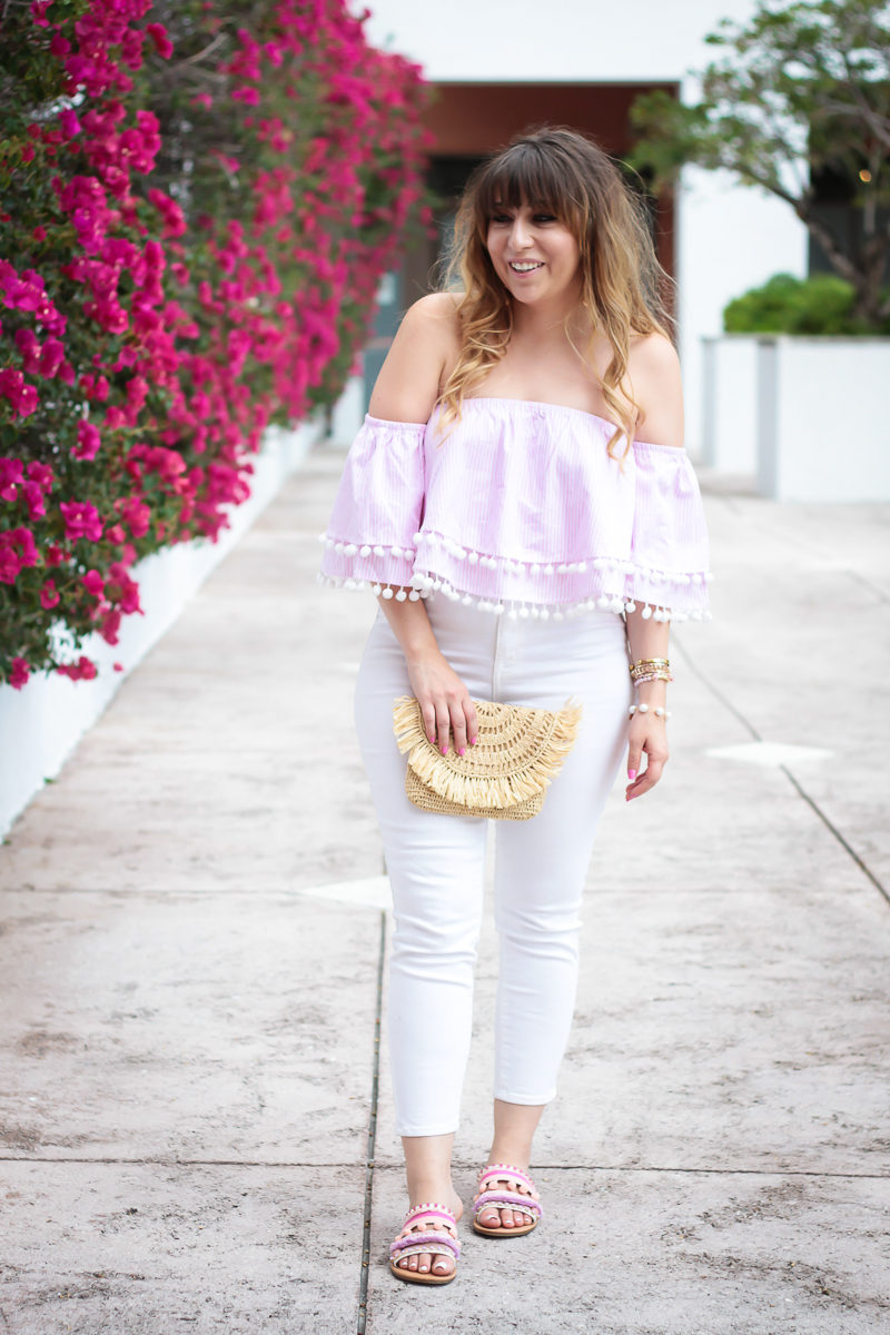 Miami fashion blogger Stephanie Pernas styles a Forever 21 stripe top and white skinny jeans 