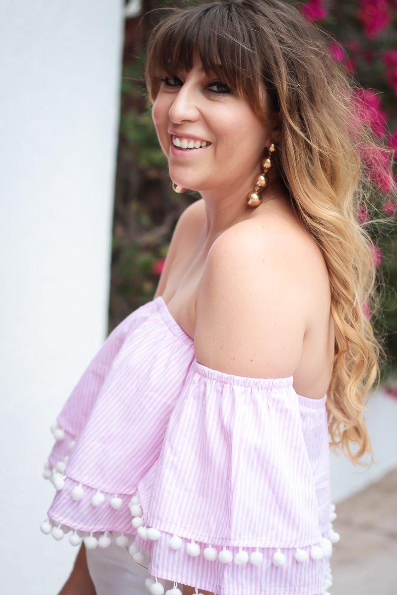 Miami fashion blogger Stephanie Pernas wearing Baublebar Mya Drops and an off the shoulder pom pom top 