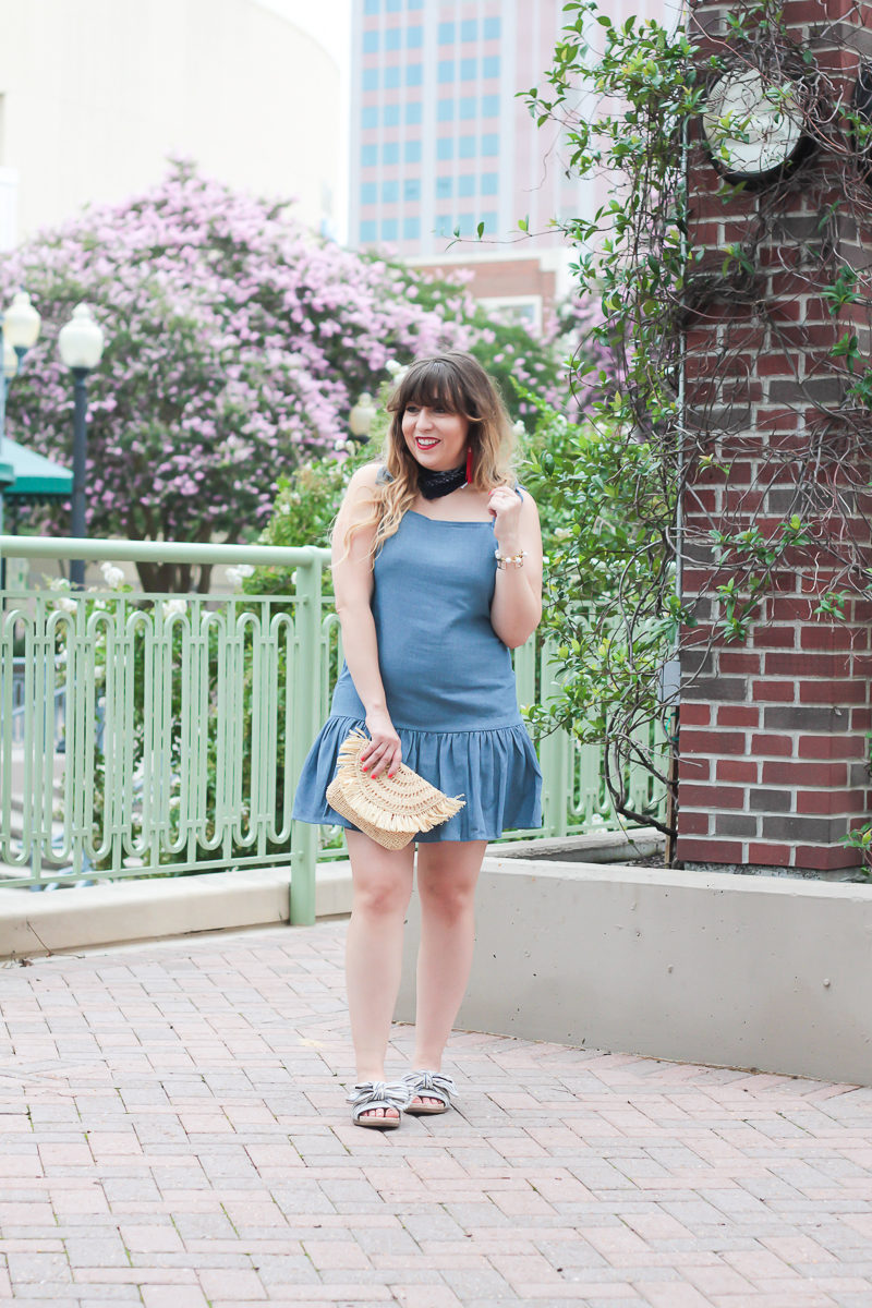 Chambray dropwaist dress for 4th of July with stripe sandals