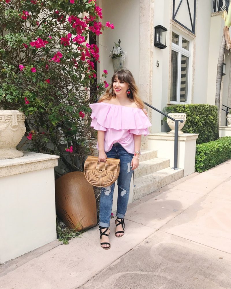 Pink gingham off the shoulder top and jeans outfit for summer