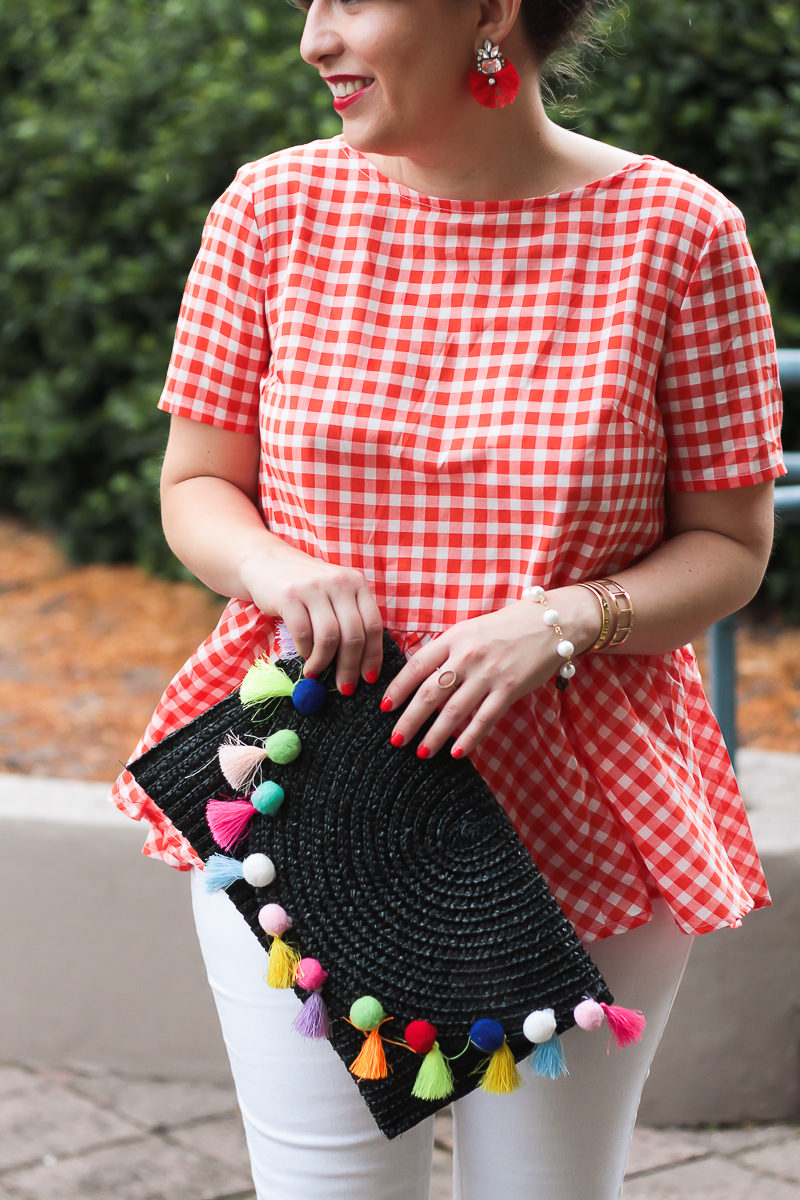 Gingham top and pom pom clutch