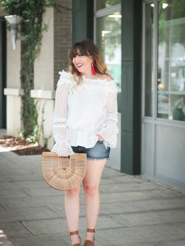 July 4th Outfit- White off the shoulder top + jean shorts_