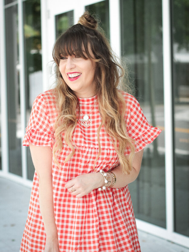 Red gingham babydoll dress and wedges-7