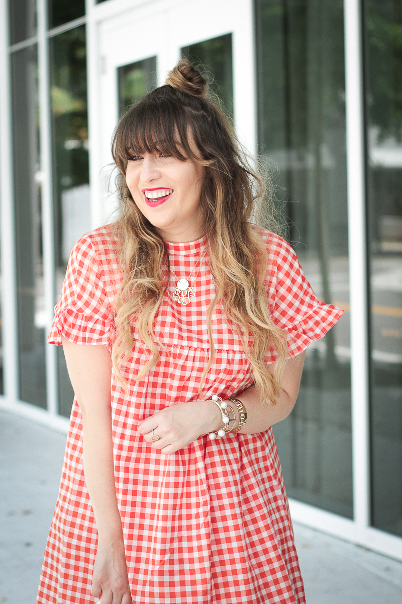 Red gingham babydoll dress and wedges-7