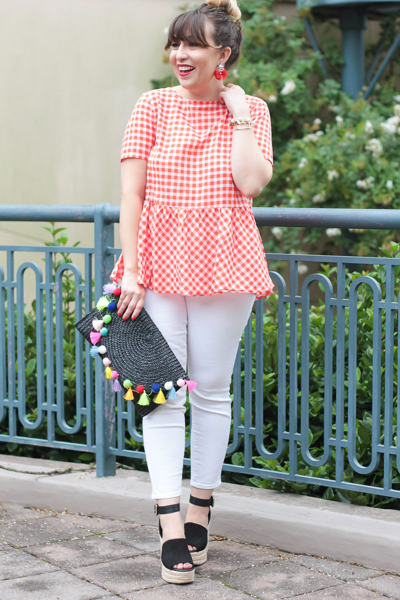 Red gingham peplum top and jeans