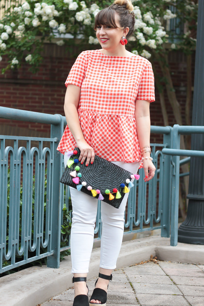 Red gingham top and jeans outfit for summer