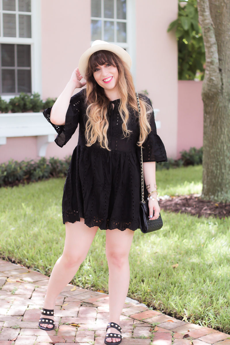 Fashion blogger Stephanie Pernas wearing a black eyelet mini dress and panama hat for summer