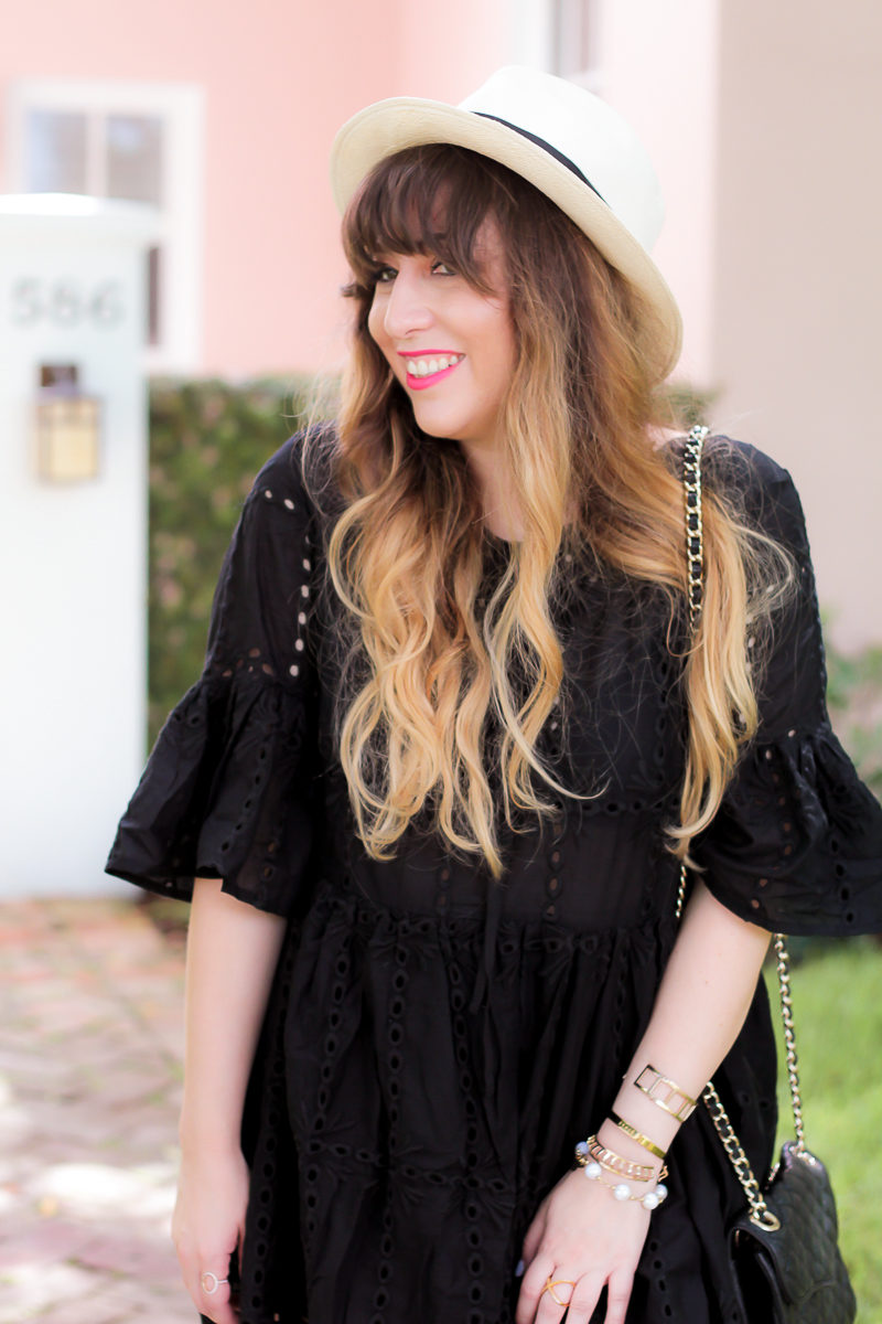 Miami fashion blogger Stephanie Pernas wearing a black eyelet dress for summer