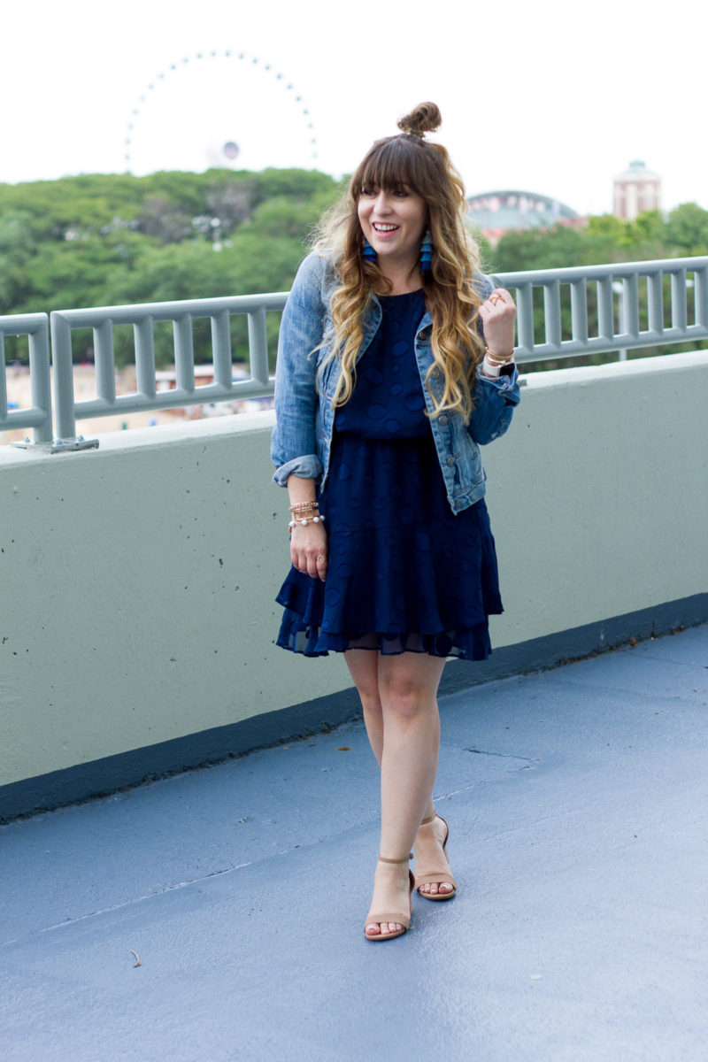 navy blue dress with denim jacket