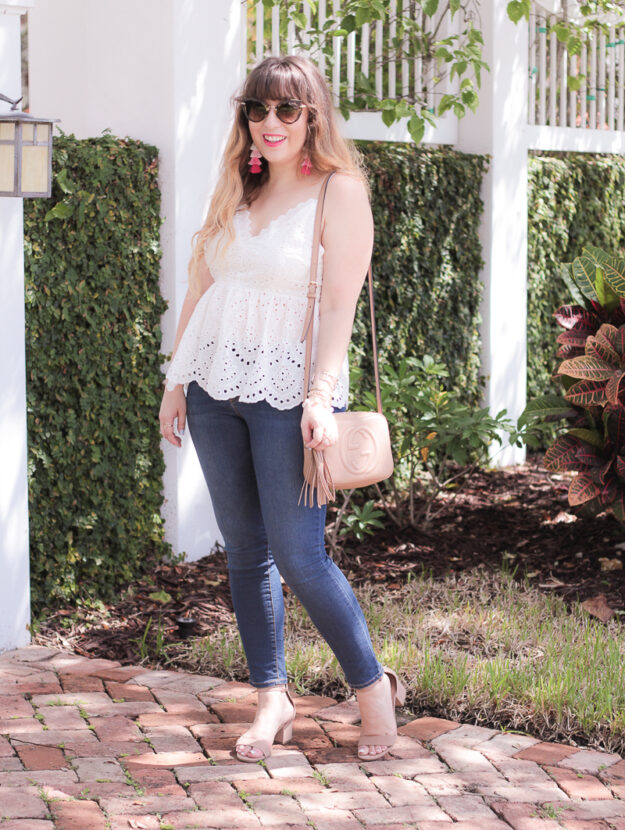 Eyelet peplum top + jeans outfit