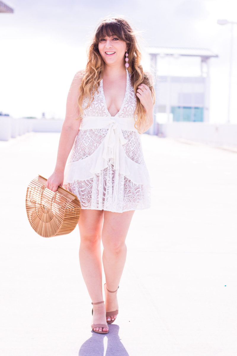 Miami fashion blogger Stephanie Pernas of A Sparkle Factor wearing For Love + Lemons Lily lace halter dress