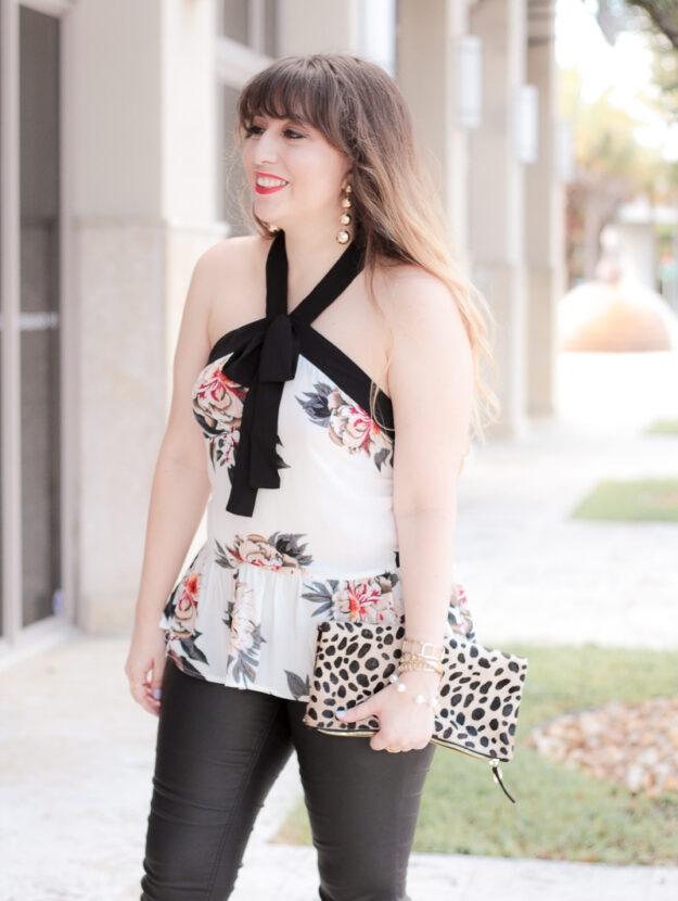 Shein peplum bow tie top + coated skinny jeans