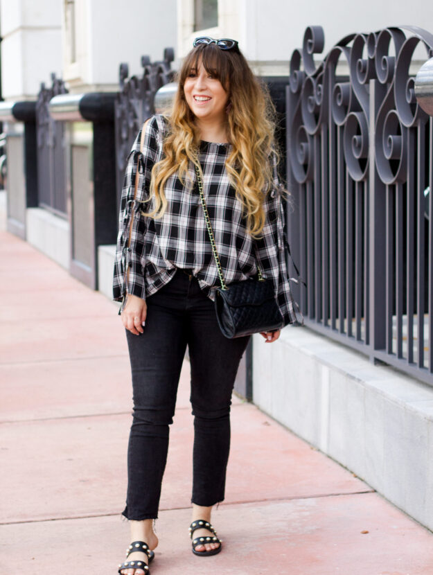 LOFT plaid top + jeans outfit_-2