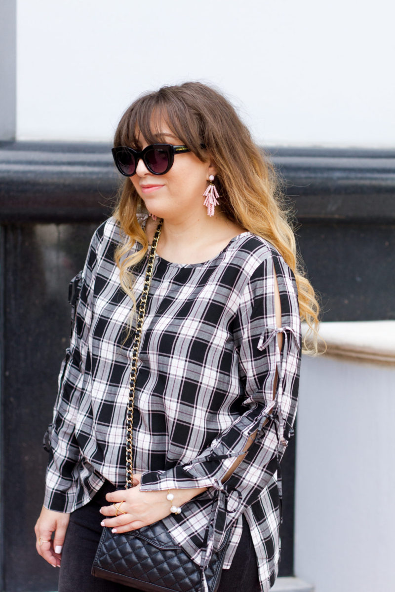 Miami fashion blogger Stephanie Pernas wearing Sugarfix earrings and a LOFT plaid top