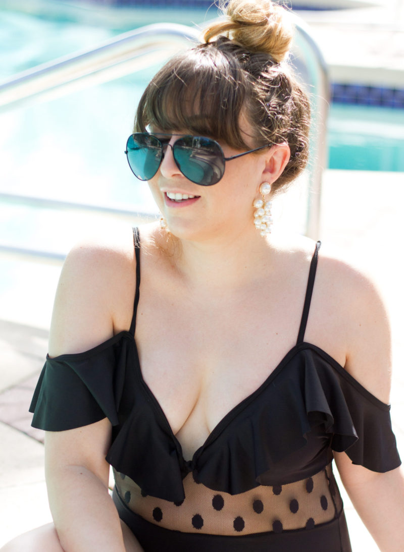 Miami fashion blogger Stephanie Pernas wearing a ruffle off the shoulder mesh bathing suit