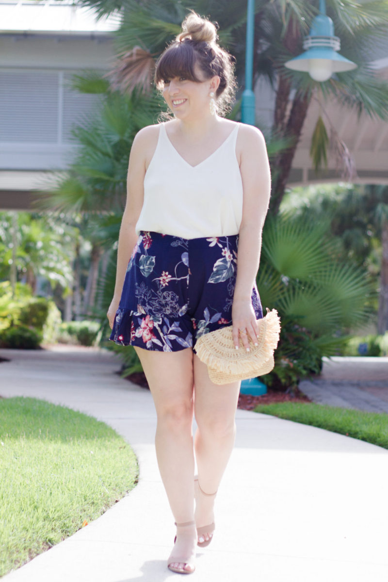 Miami fashion blogger Stephanie Pernas wearing Soprano floral ruffle shorts and a camisole 