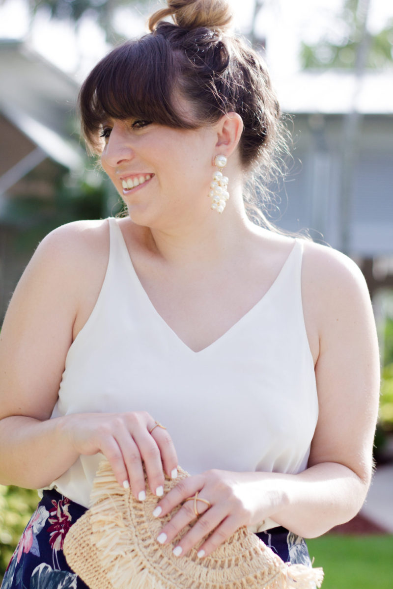 Miami affordable fashion blogger Stephanie Pernas wearing Baublebar pearl statement earrings and a Topshop camisole 