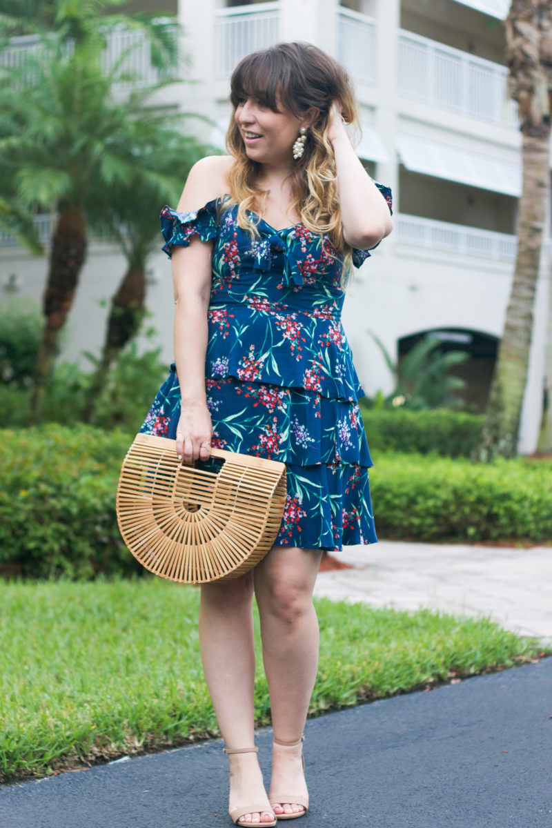 Miami fashion blogger Stephanie Pernas wearing a Wayf off the shoulder dress