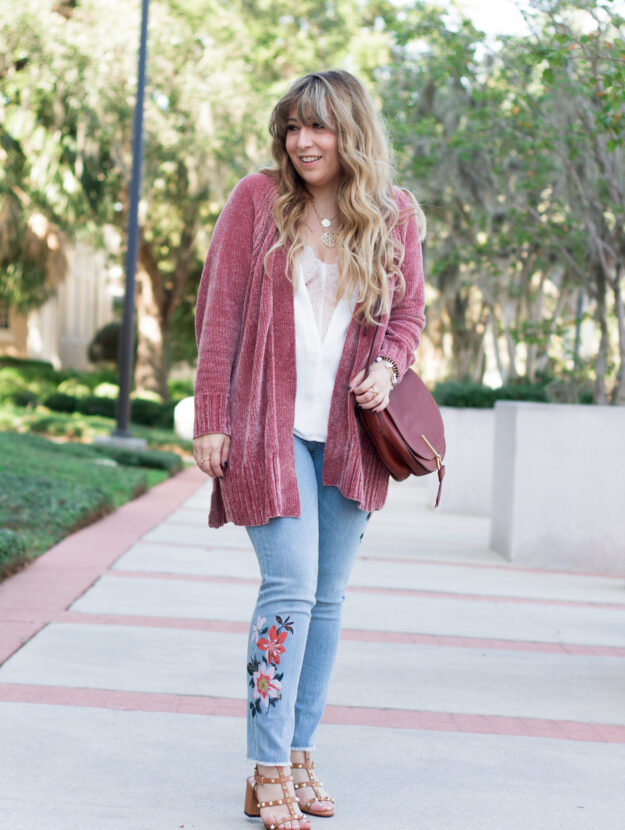 Floral jeans and cardigan outfit for fall