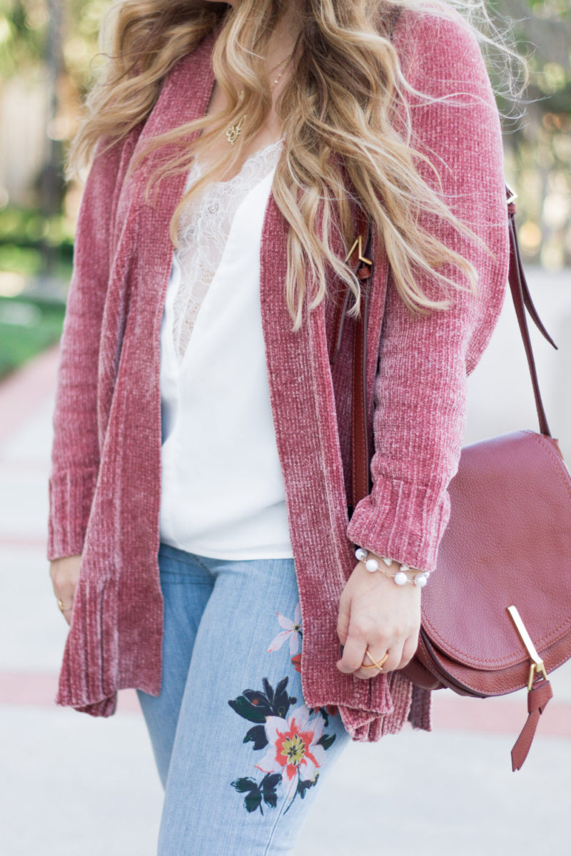 Chenille cardigan and jeans outfit