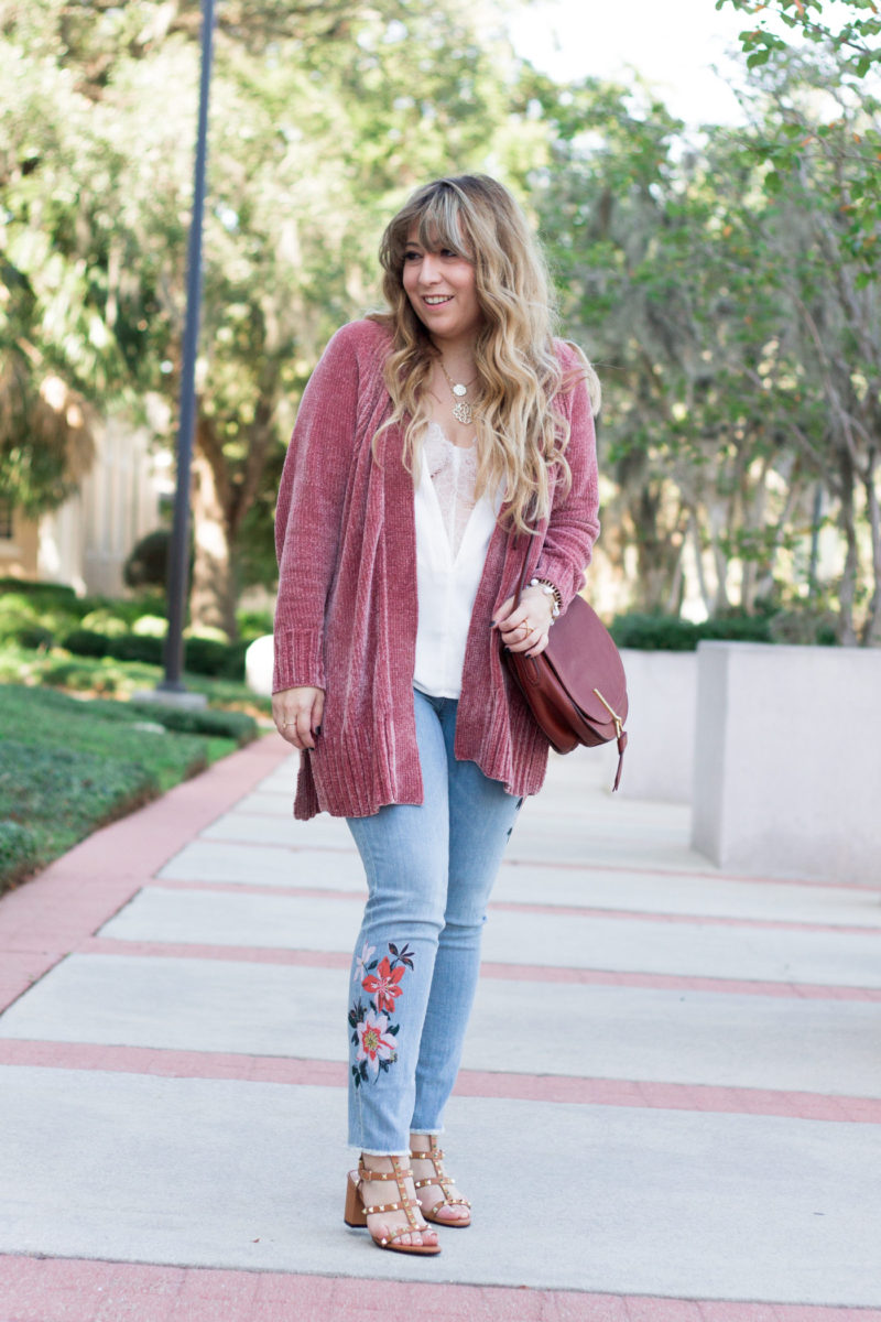 Floral jeans and cardigan outfit for fall