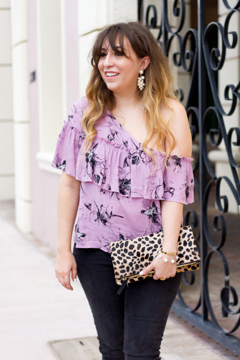 Floral top and leopard clutch