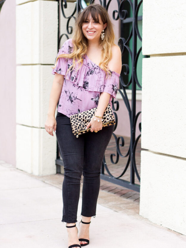 Purple floral top and jeans