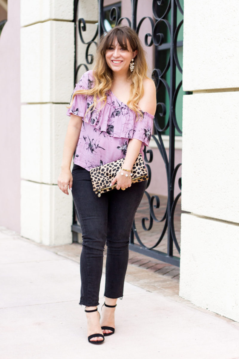 Purple floral top and jeans 