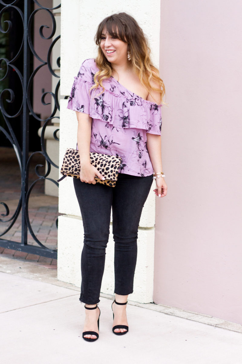 Floral one shoulder top and distressed jeans outfit