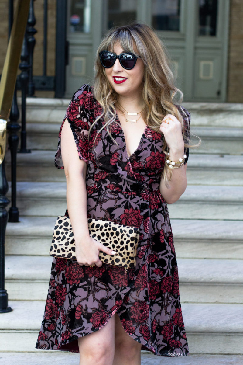 Floral velvet dress and leopard clutch