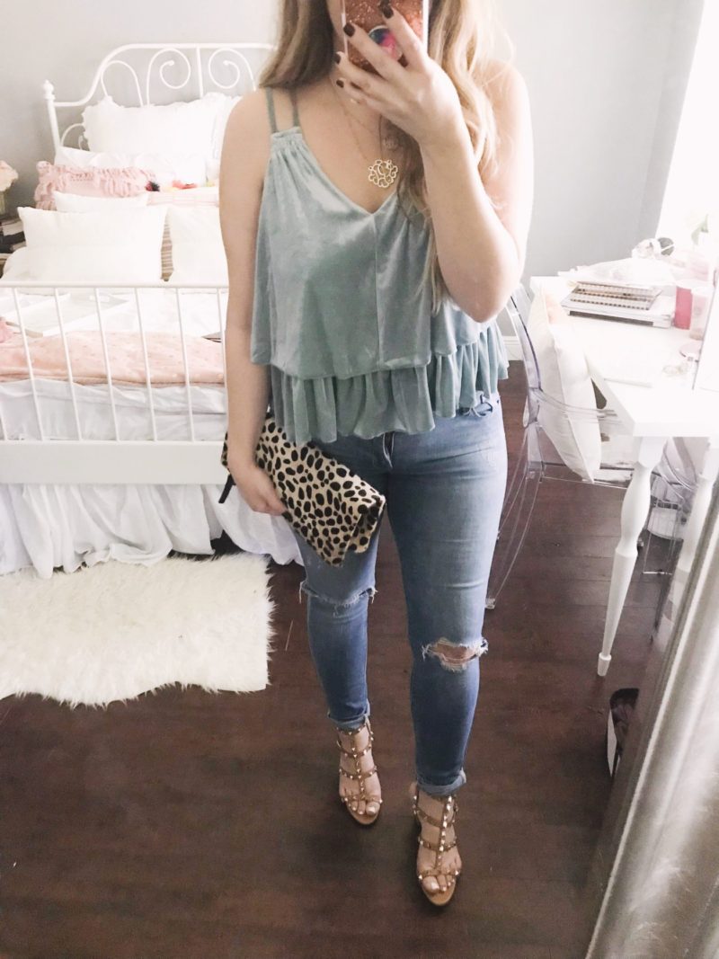 Velvet top and jeans