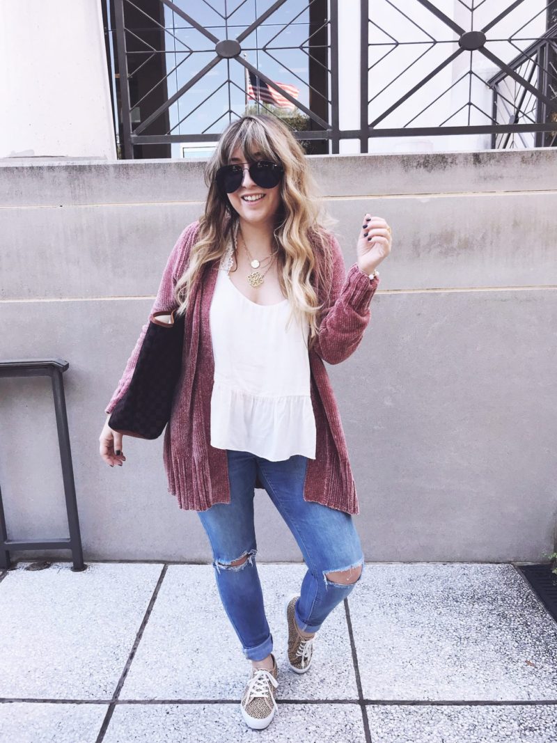 Chenille cardigan and jeans outfit for fall 