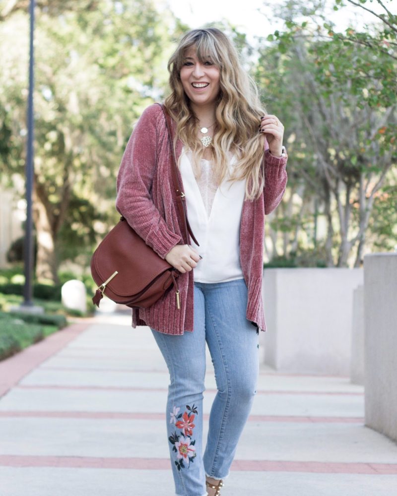 Chenille cardigan and floral jeans outfit for fall