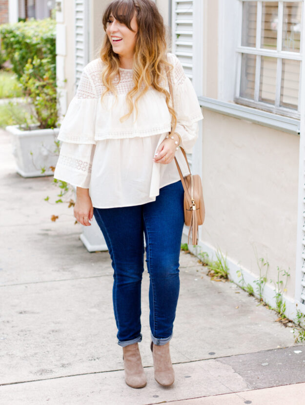 LOFT layered ruffle top + jeans outfit for fall_-5