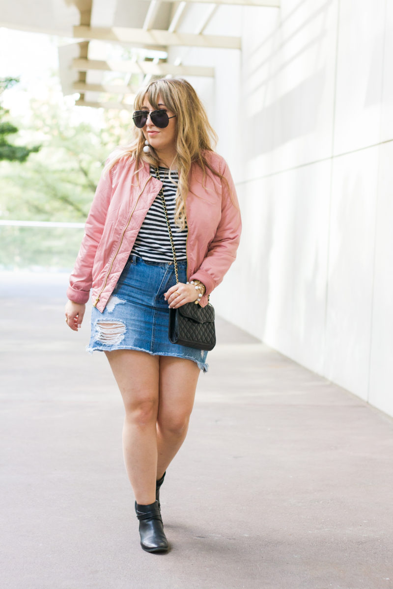 Pink bomber jacket outfit idea