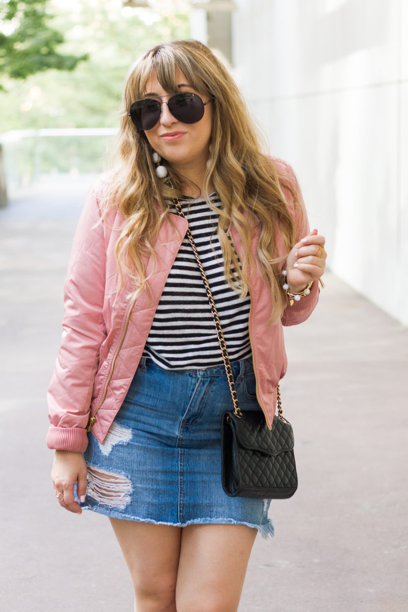 pink jean jacket outfit