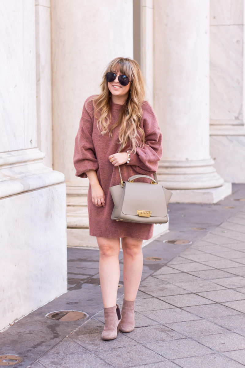 Cute sweaterdress and booties outfit idea