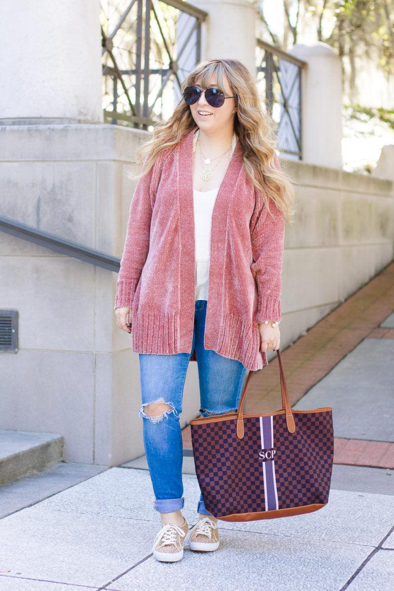 Pink chenille cardigan outfit