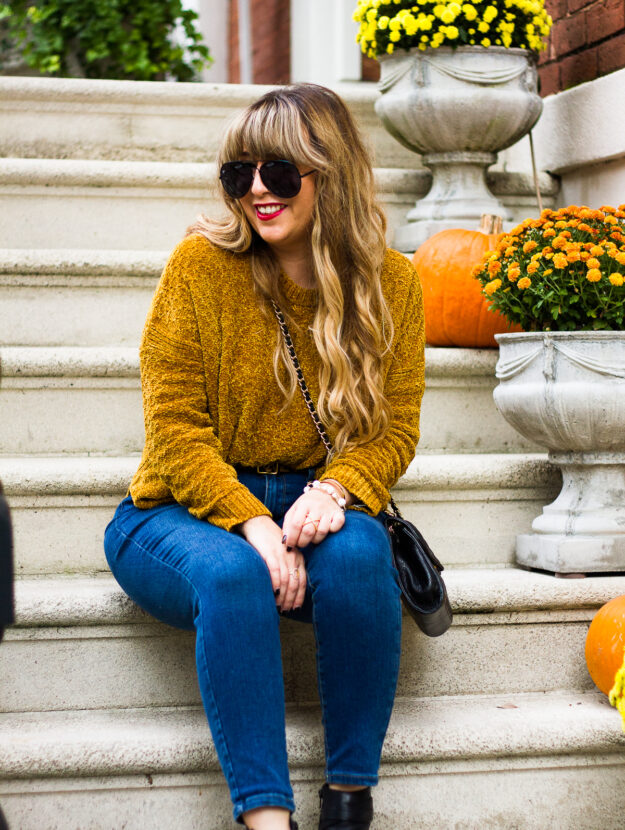 Chenille sweater and jeans