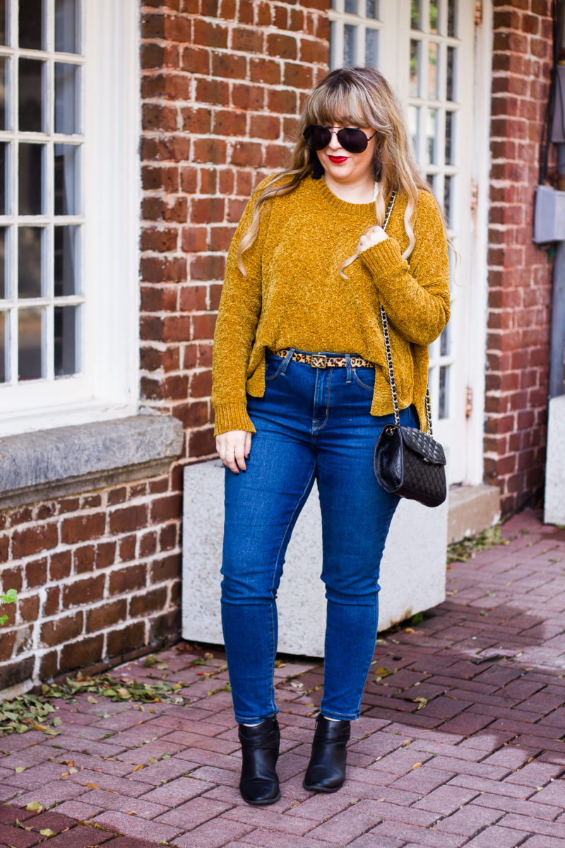 Cozy chenille sweater and jeans outfit idea for fall